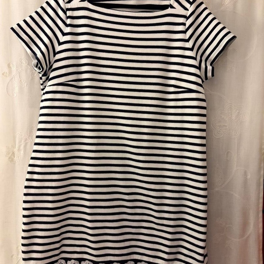 Talbots black/white striped dress square neckline with lace panel hem